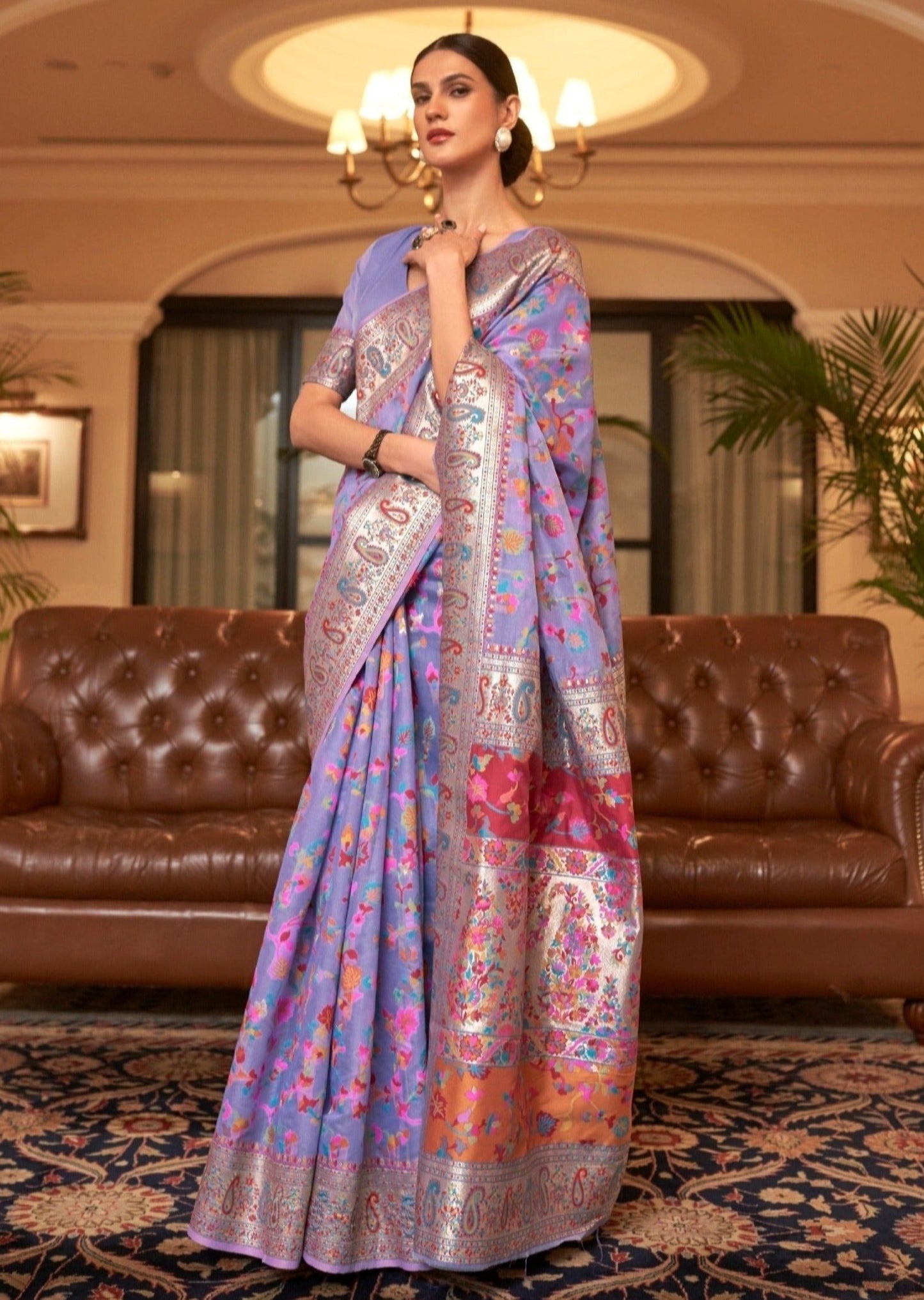 Kashmiri handloom silk lavender purple saree online shopping price.