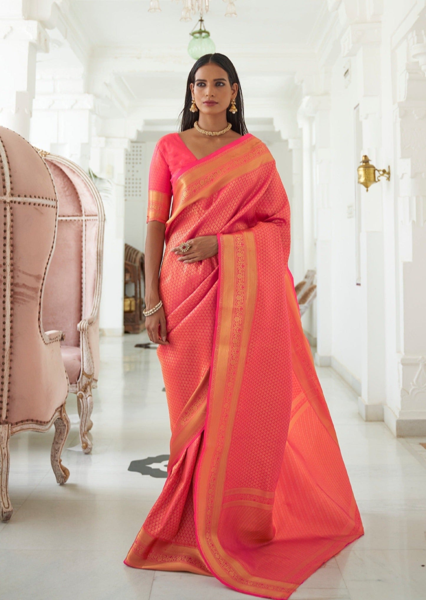 Pinkish Orange Kanjivaram Silk Handloom Saree