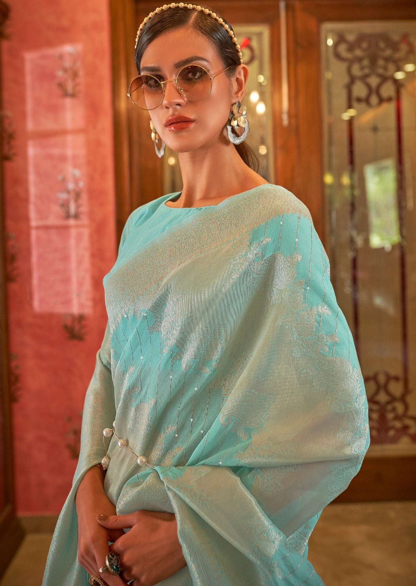 Banarasi Raw Silk Sky Blue Sequins Saree