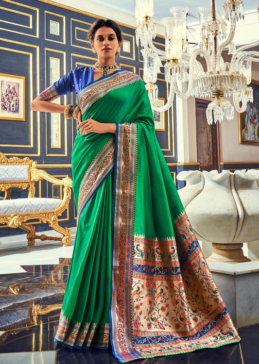 Pure Paithani Silk Emerald Green Saree
