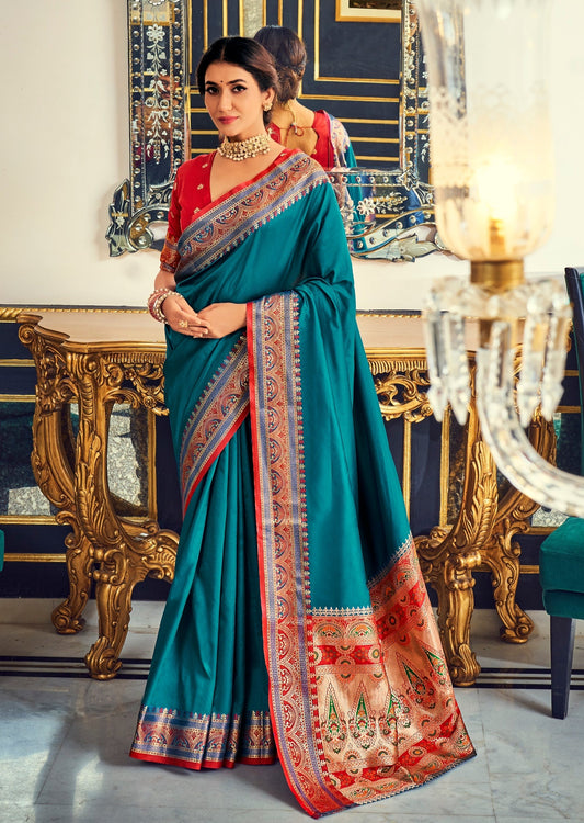 Pure Paithani Silk Teal Blue Saree