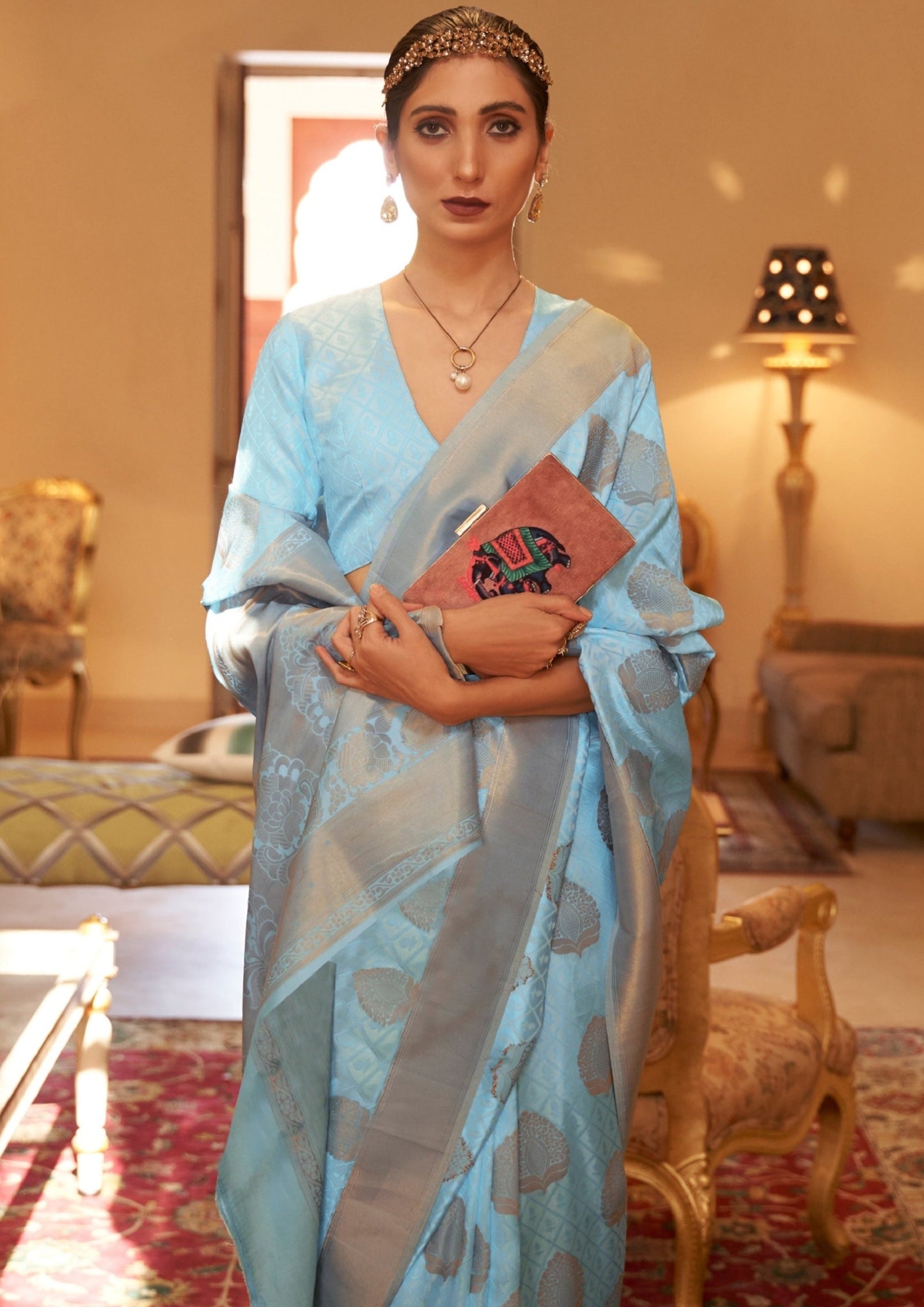 Copper Zari Handloom Weaving Blue Pure Silk Banarasi Saree