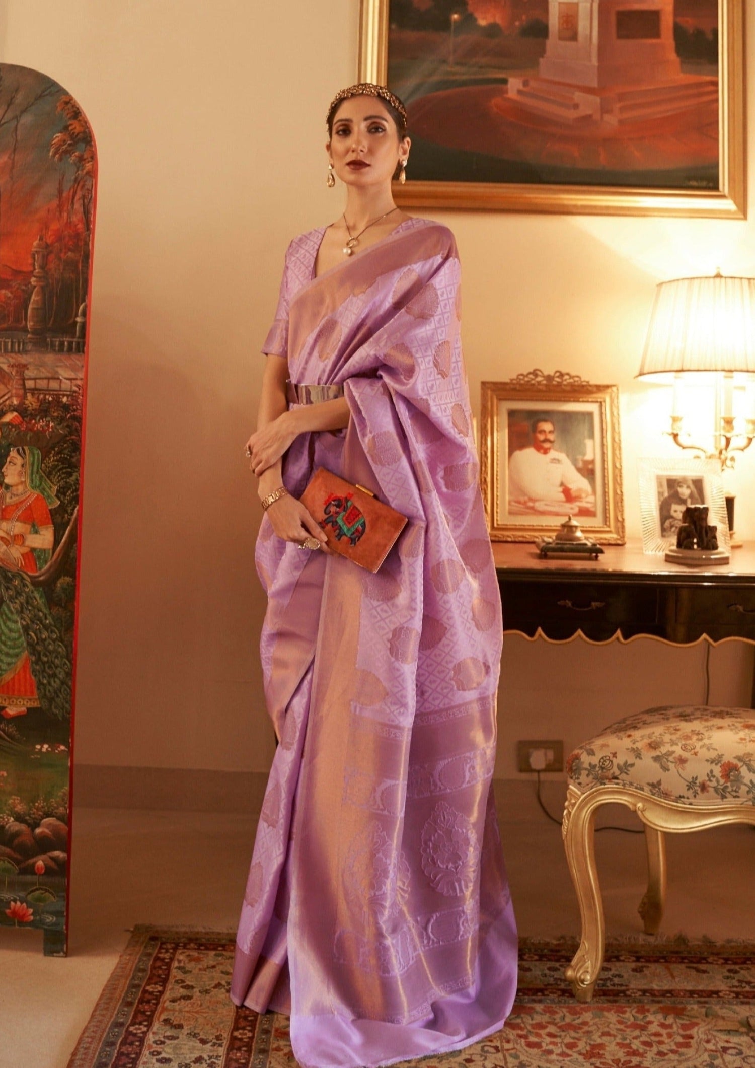 Pastel Purple Kanjivaram Silk Saree With Floral Ogival Pattern | Singhania's