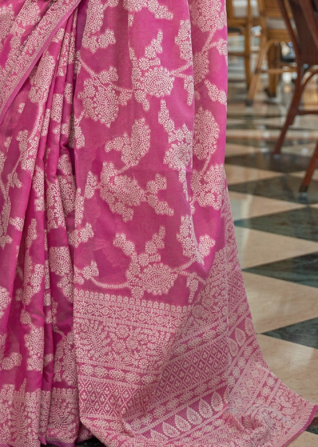 Lucknowi Chikankari Pink Cotton Saree