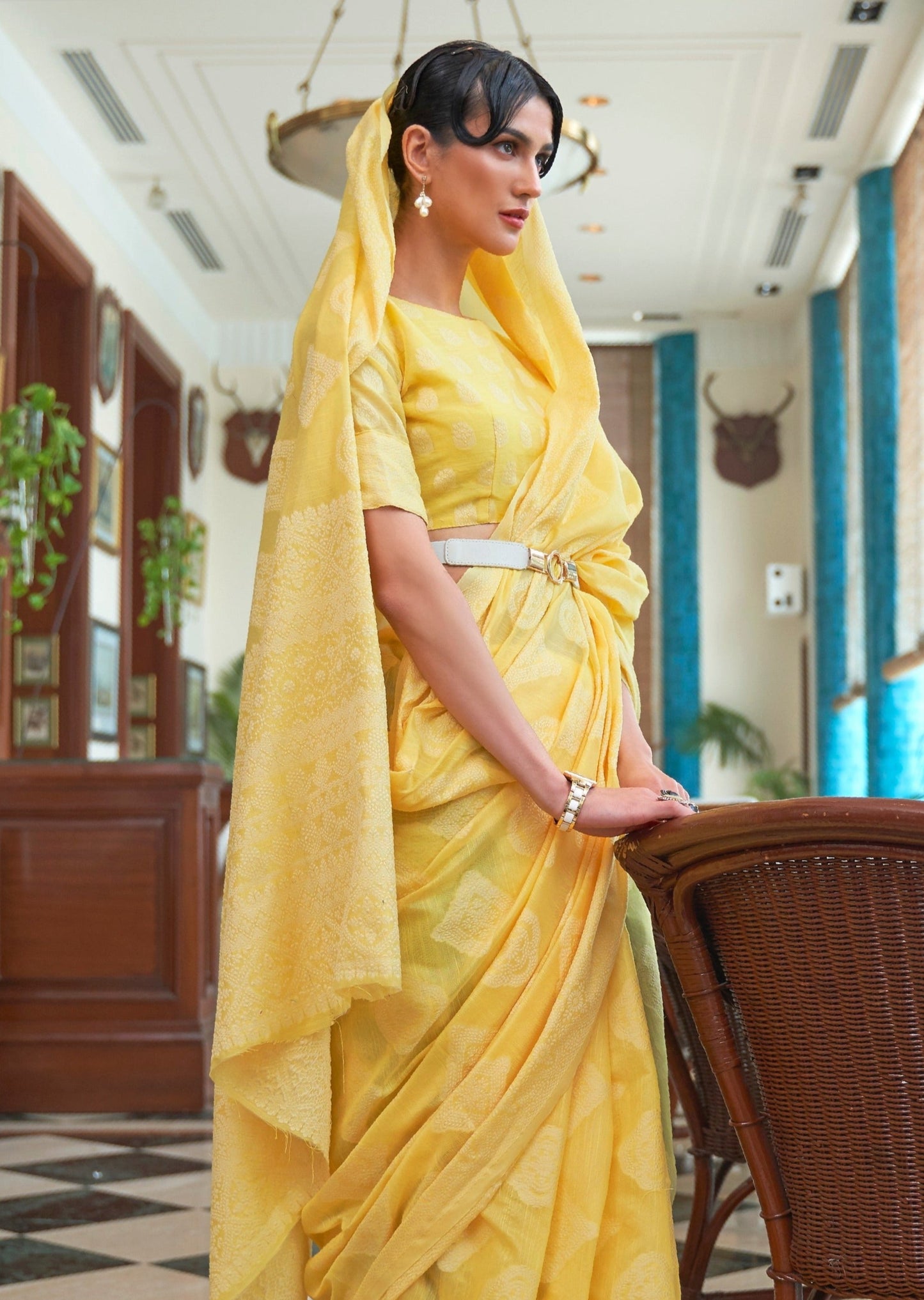 Lucknowi Chikankari Yellow Cotton Saree