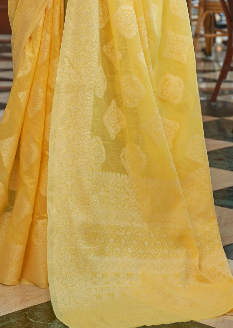 Lucknowi Chikankari Yellow Cotton Saree