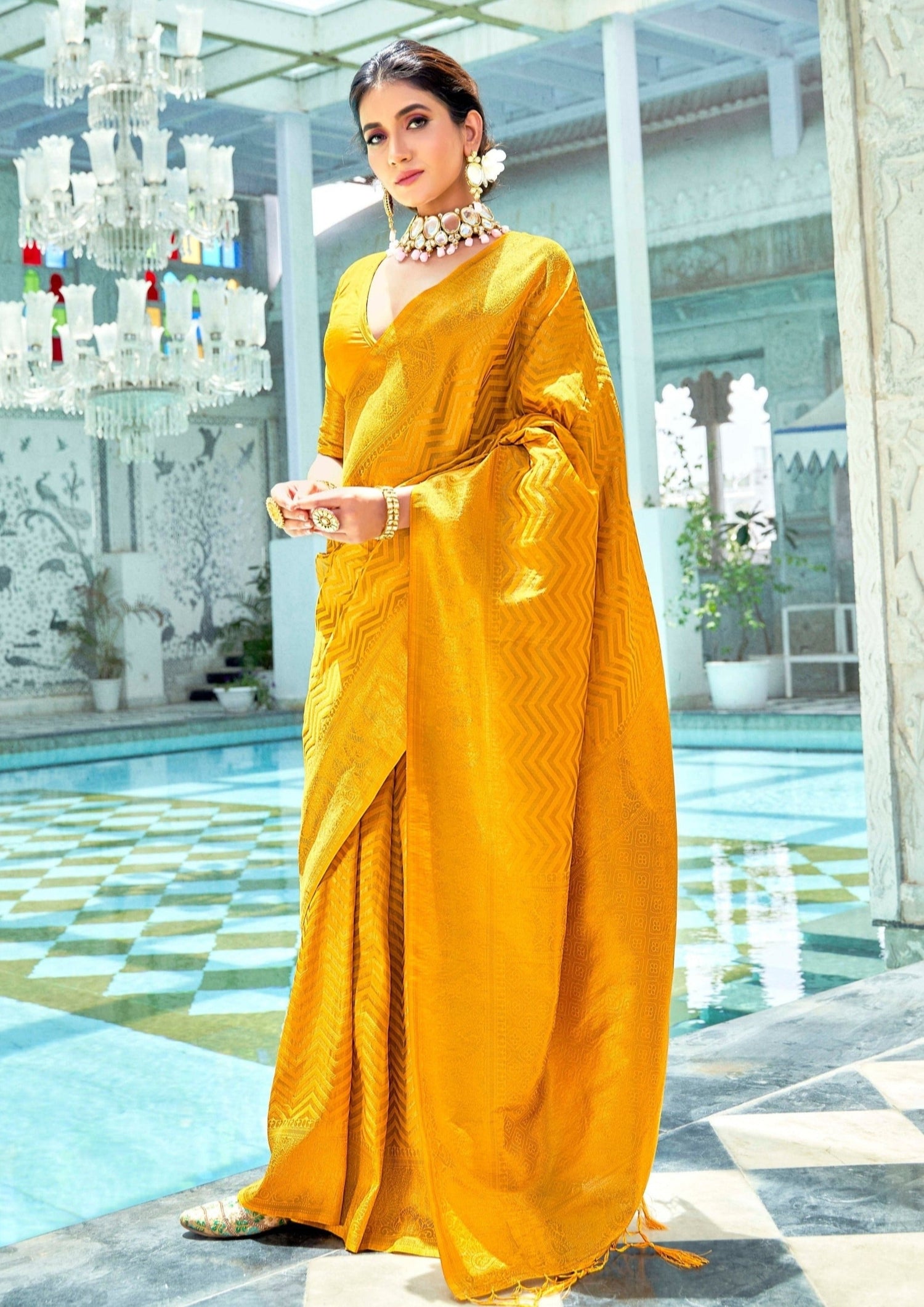 Vibrant Yellow Silk Saree With Heavy Embroidered Pink Blouse – RawaazFashion