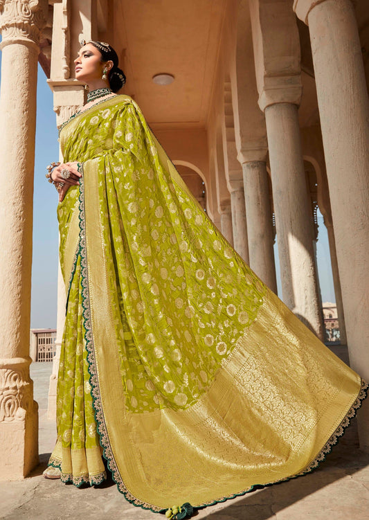 Soft Banarasi Silk Lawn Green Handwork Saree