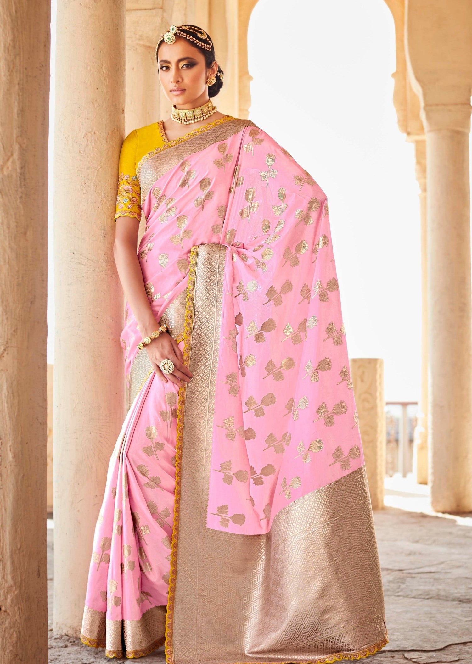 Blush Pink Bridal silk saree online.