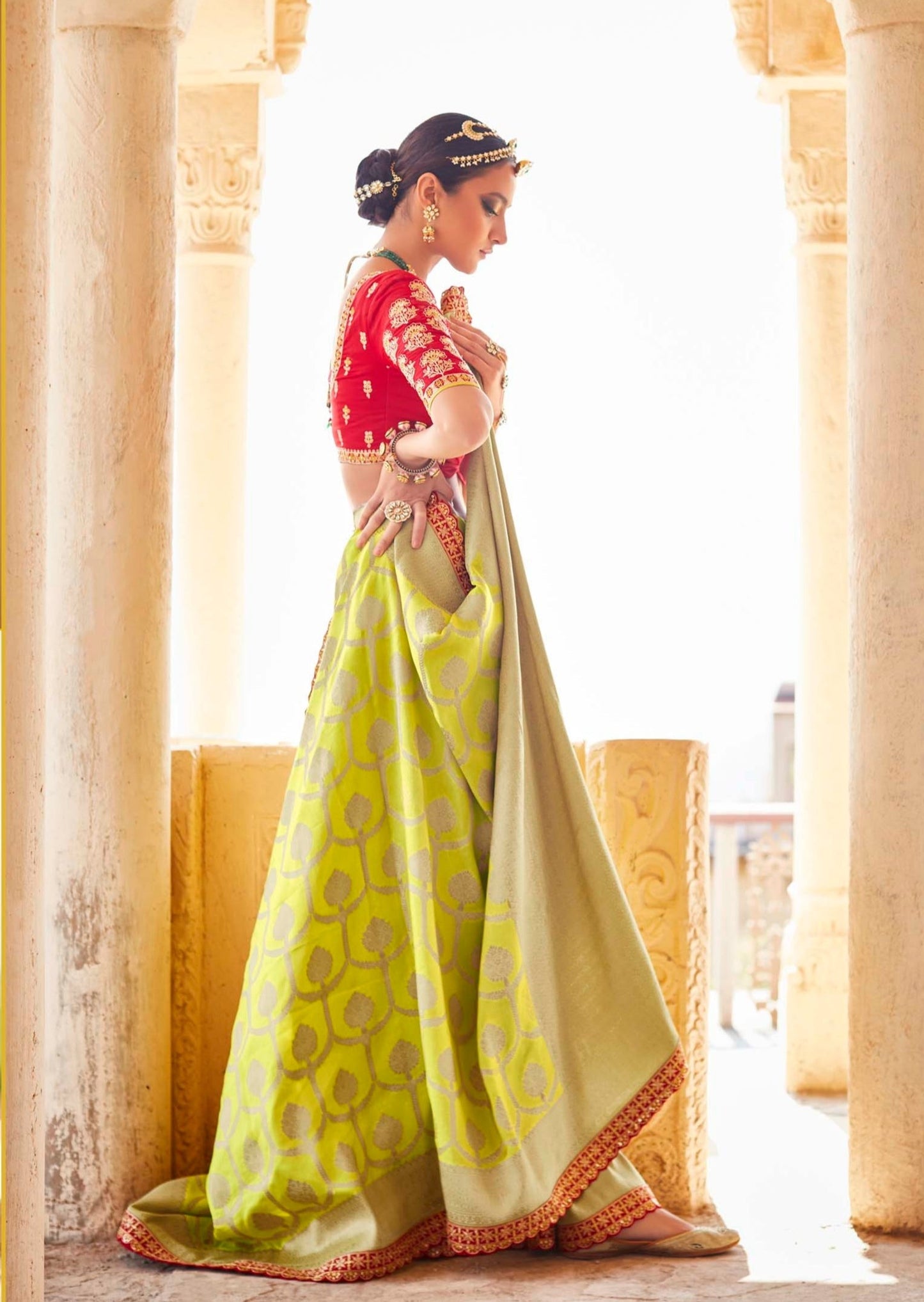 Banarasi Silk Lime Yellow Bridal Saree