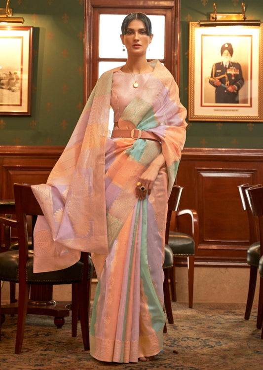 Pure Organza Peach and Purple Multicolour Saree