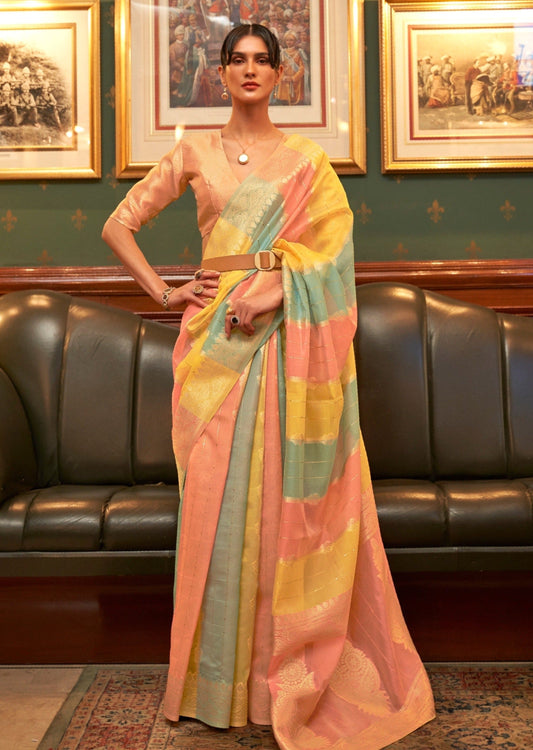 Rainbow organza saree online in multicolor design.