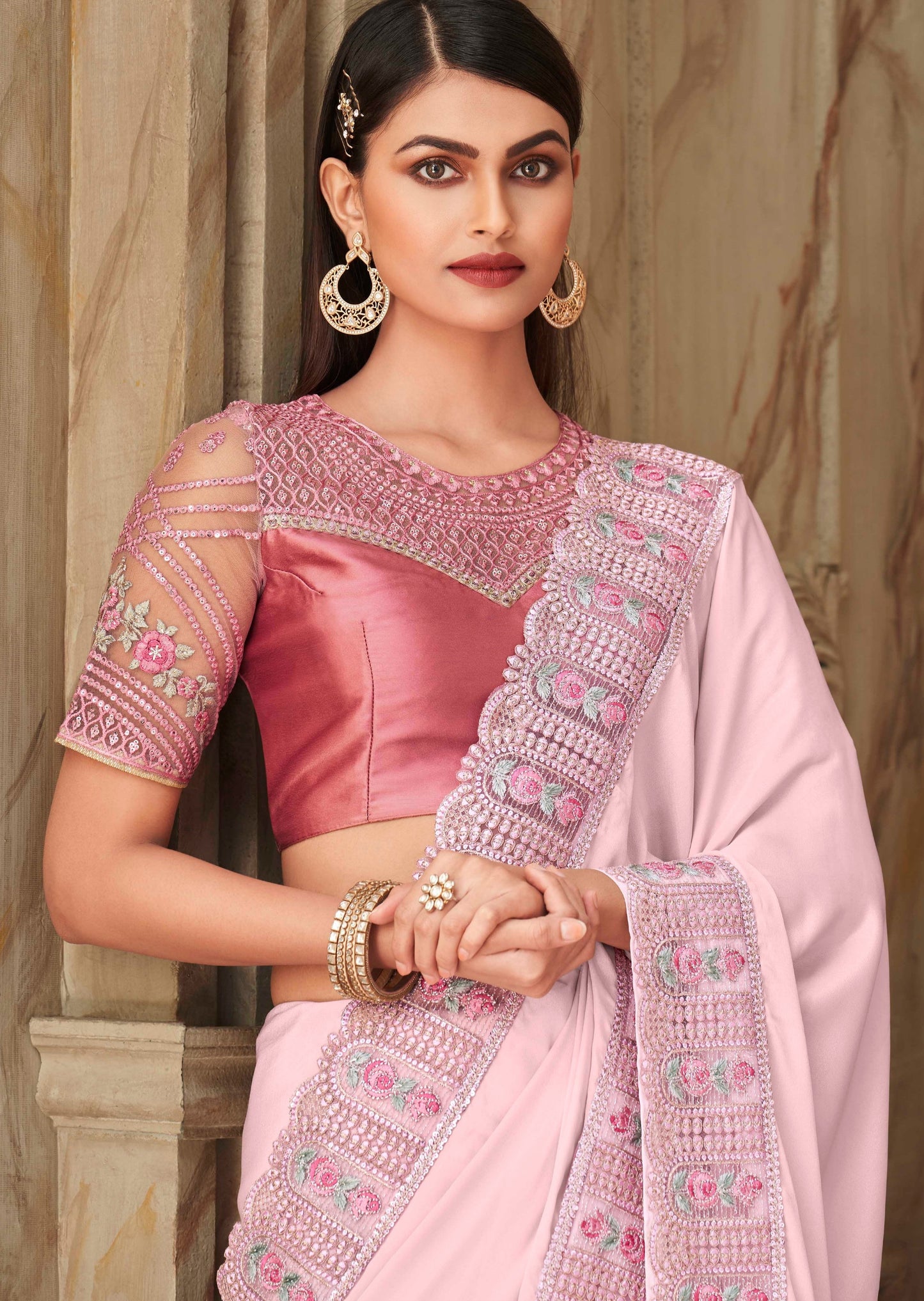 Embroidered Satin Silk Baby Pink Saree