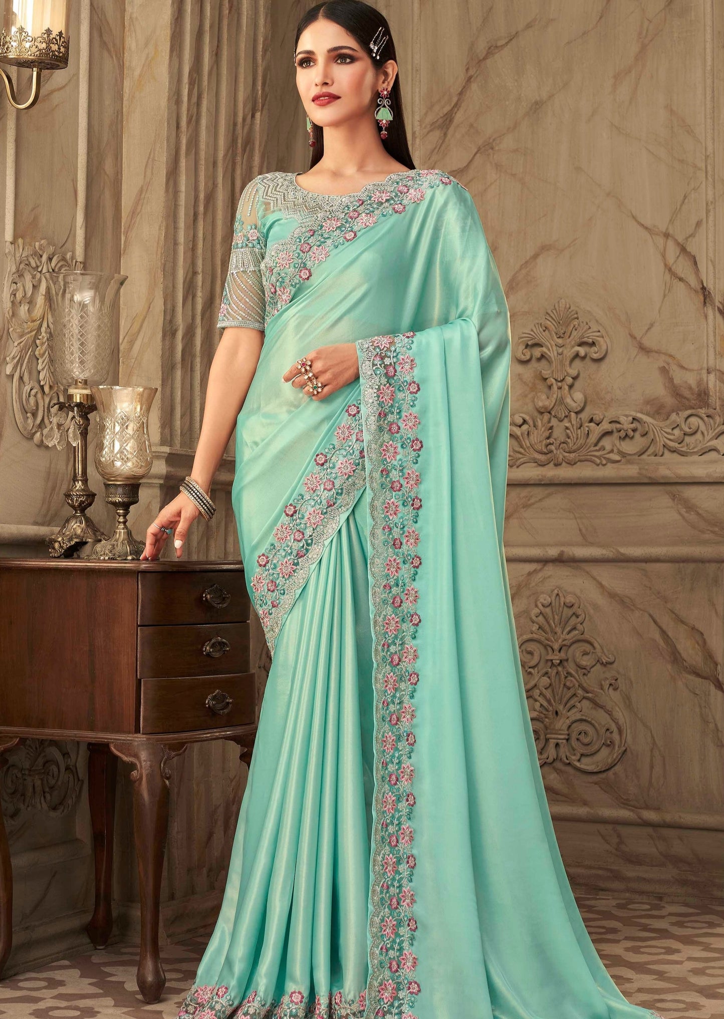 Embroidered Satin Silk Turquoise Blue Saree