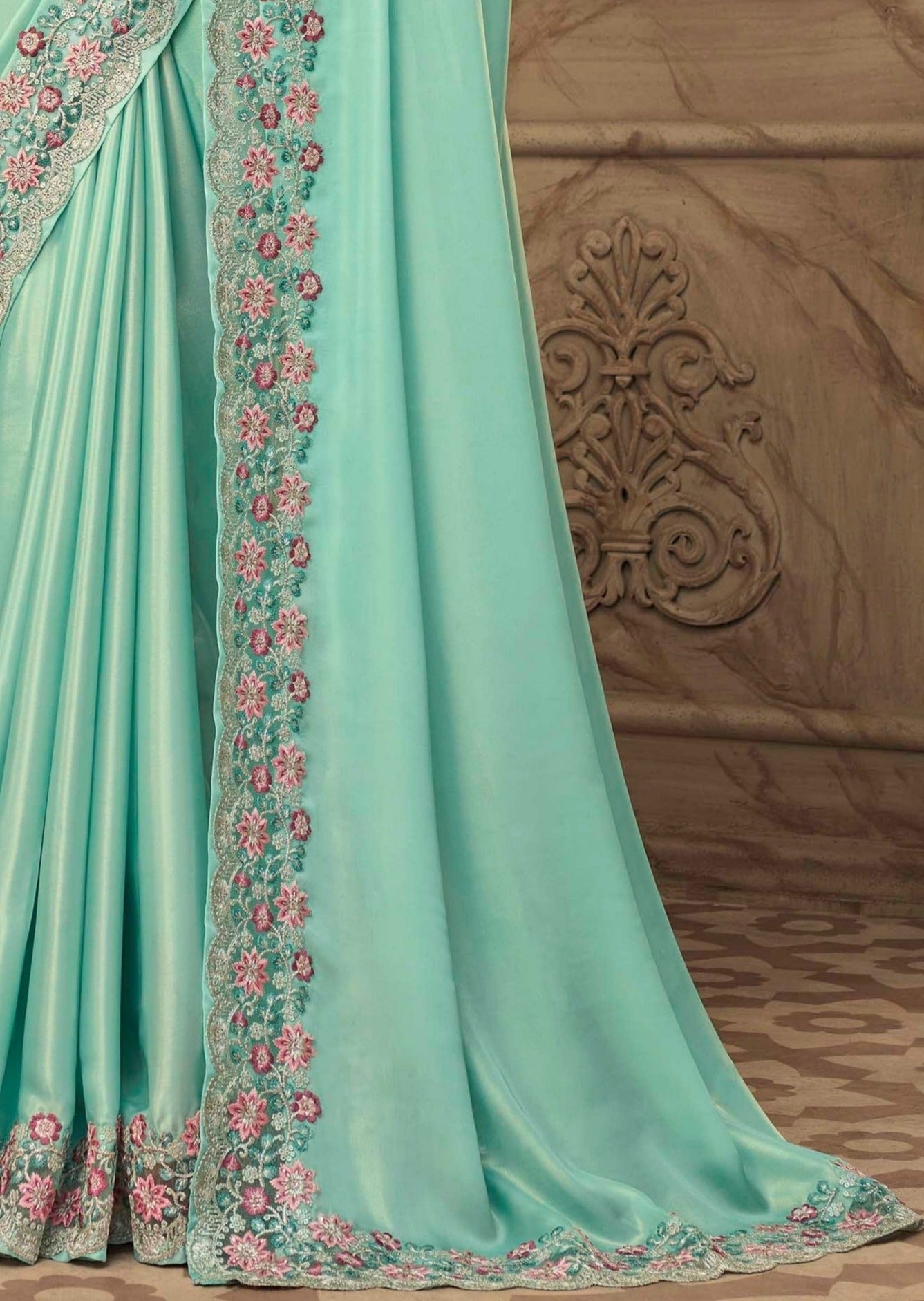 Embroidered Satin Silk Turquoise Blue Saree