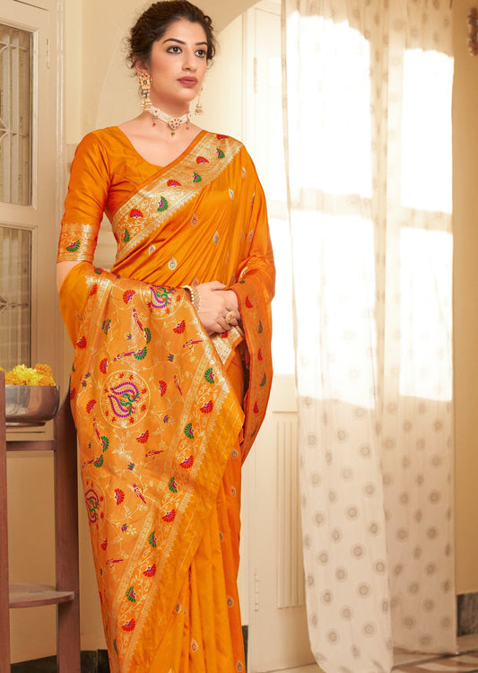 Pure Paithani Silk Saffron Orange Saree