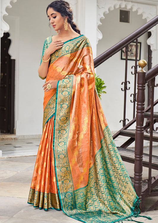 Tissue Silk Peach Zari Banarasi Saree