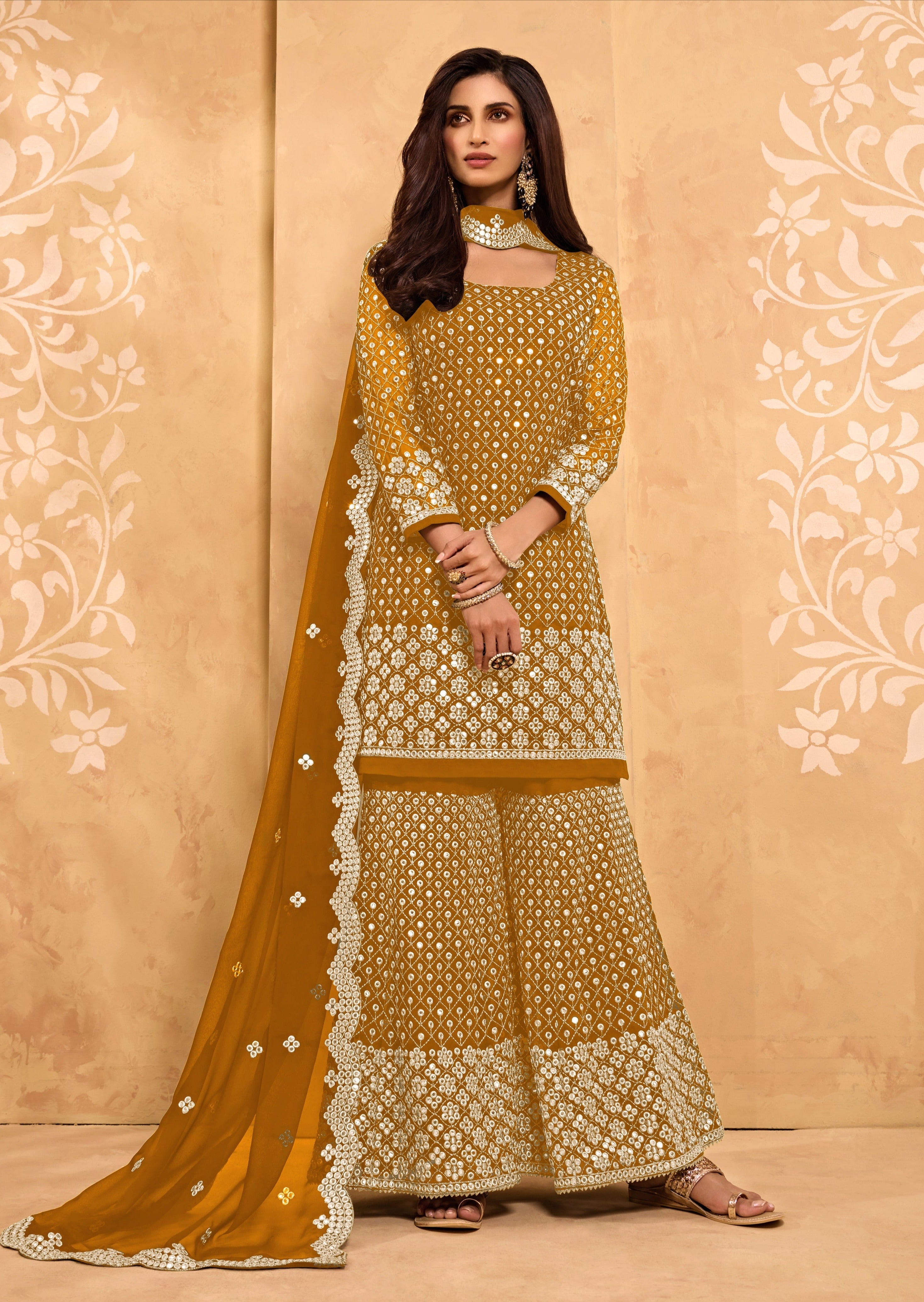 Mustard Yellow Embellished Sharara Suit Set With Dupatta main image 0