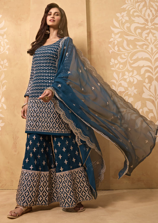 Georgette Marine Blue Sharara Suit