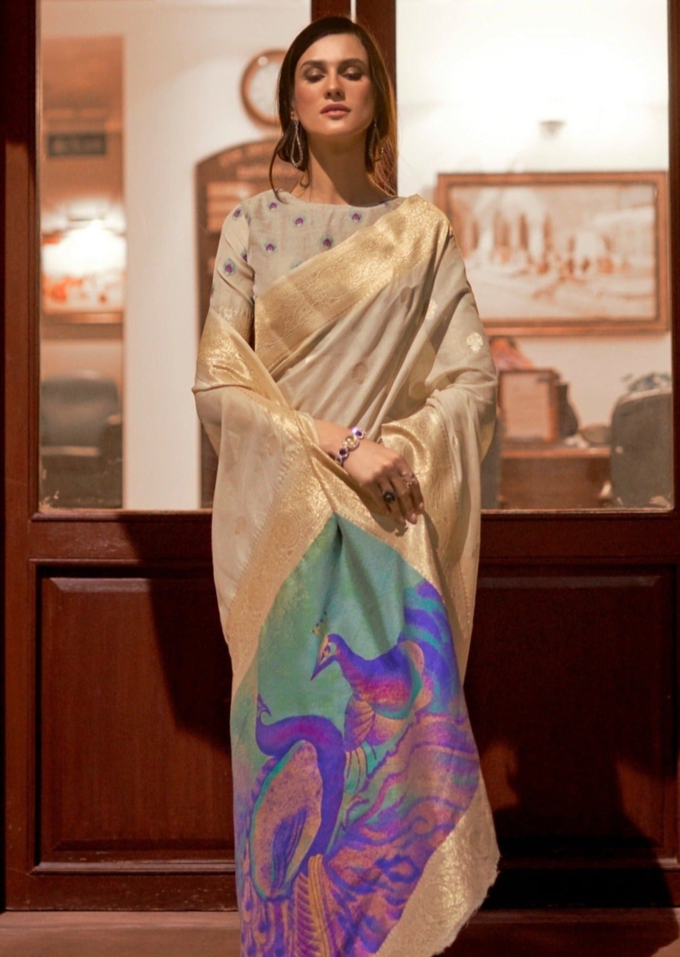 Banarasi Silk Handloom Weaving Cream Saree