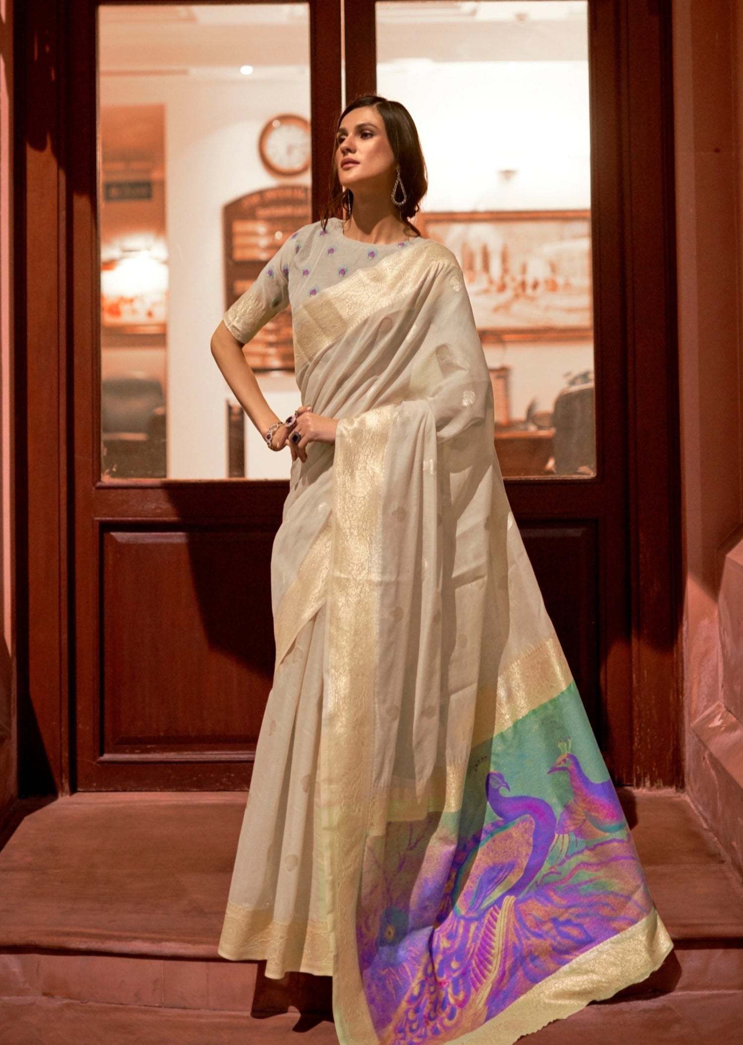 Cream Banarasi Silk saree