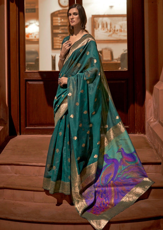 Banarasi Silk Handloom Weaving Green Saree