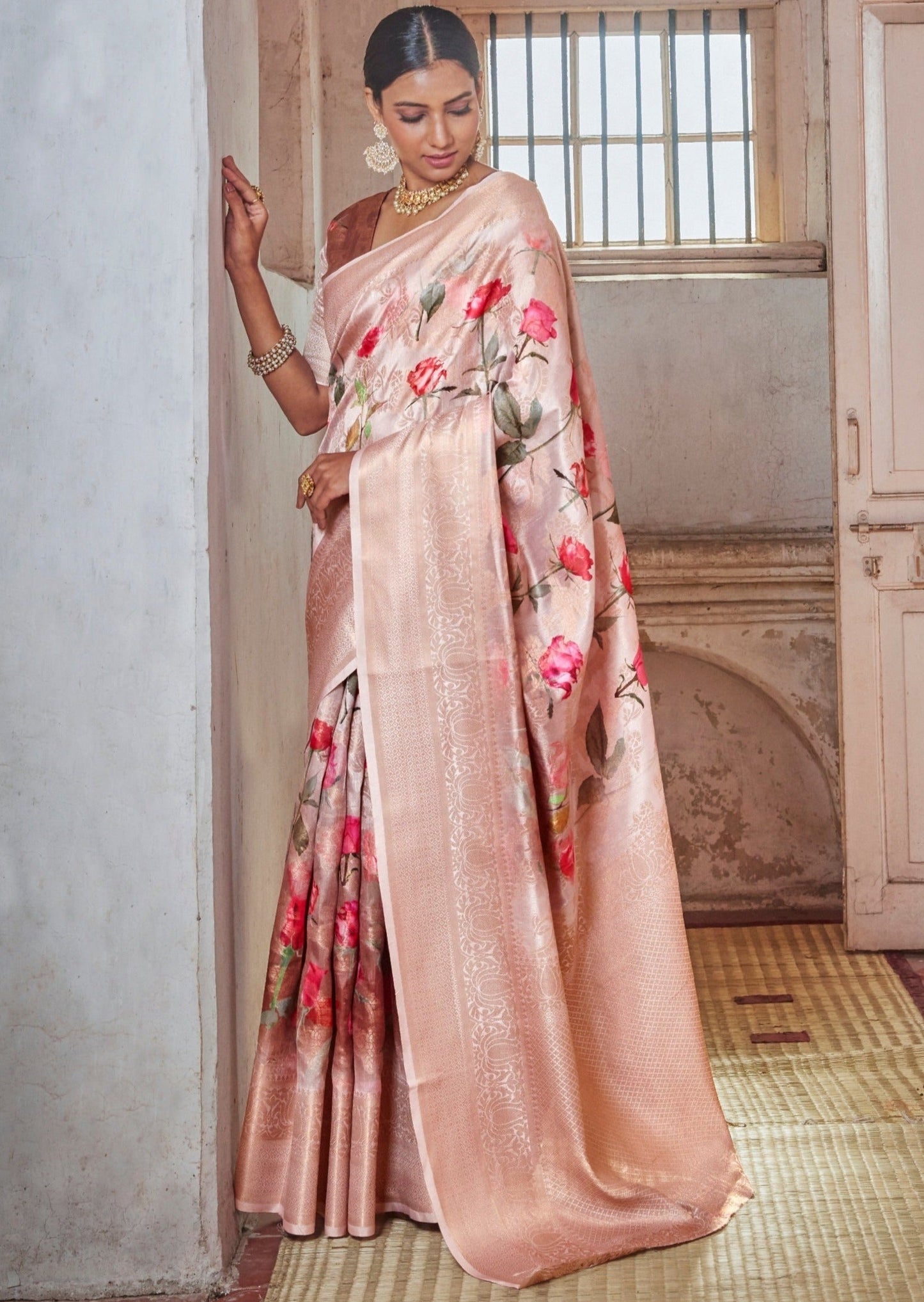 Ramya Festive Silk Weaving Peach Pink Printed Saree