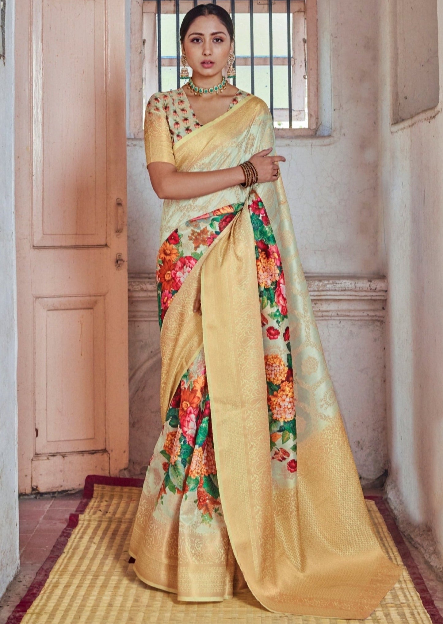 Festive Banarasi Silk Weaving Yellow Floral Printed Saree With Zari Border