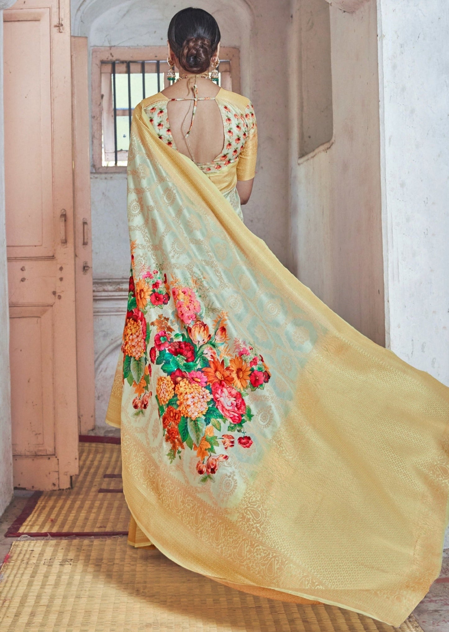 Festive Banarasi Silk Weaving Yellow Floral Printed Saree With Zari Border