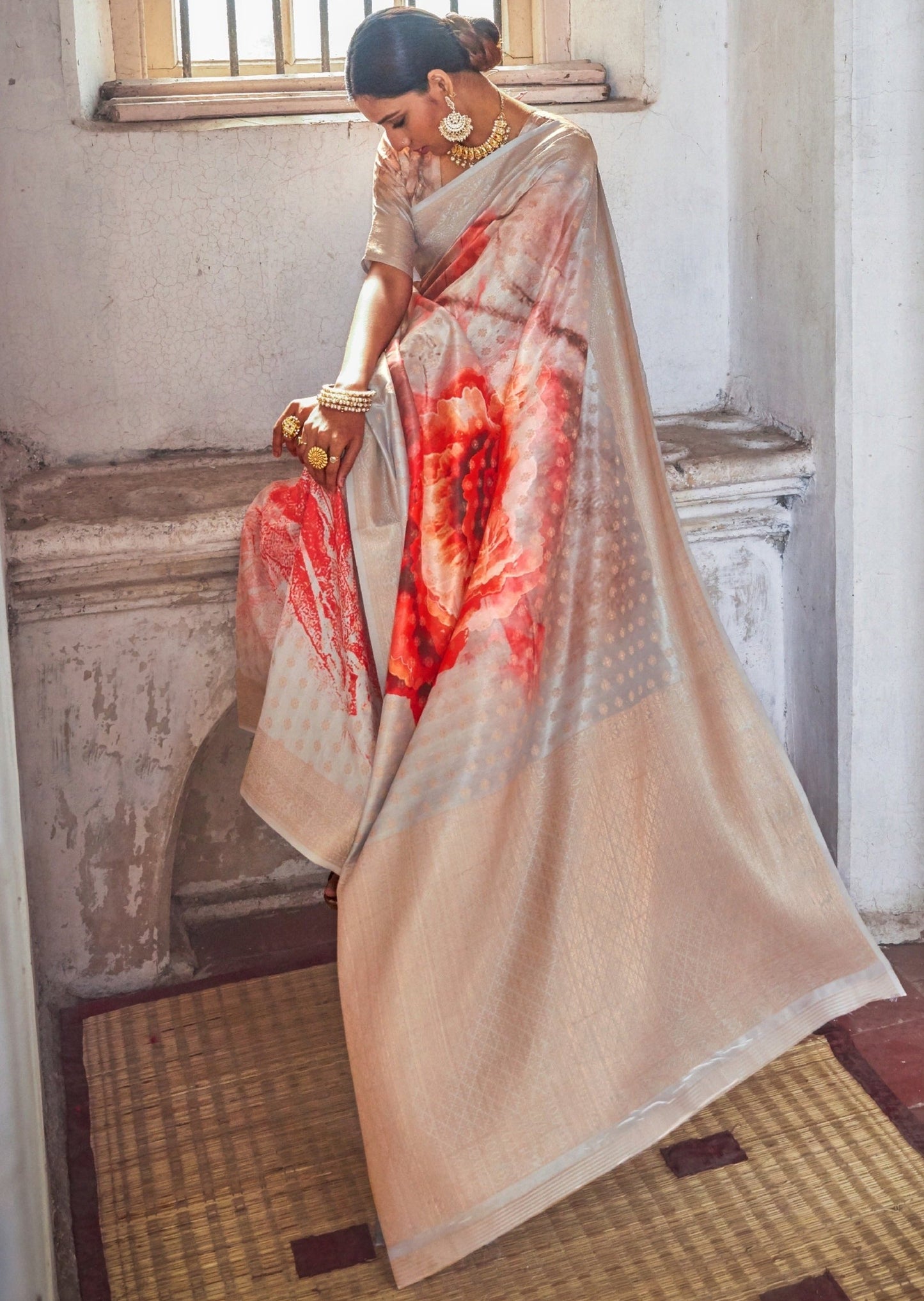 Festive Banarasi Silk Weaving Grey Printed Saree With Multicolor Floral Design