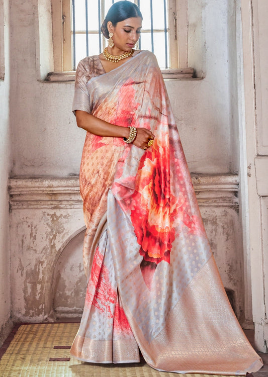 Festive Banarasi Silk Weaving Grey Printed Saree With Multicolor Floral Design