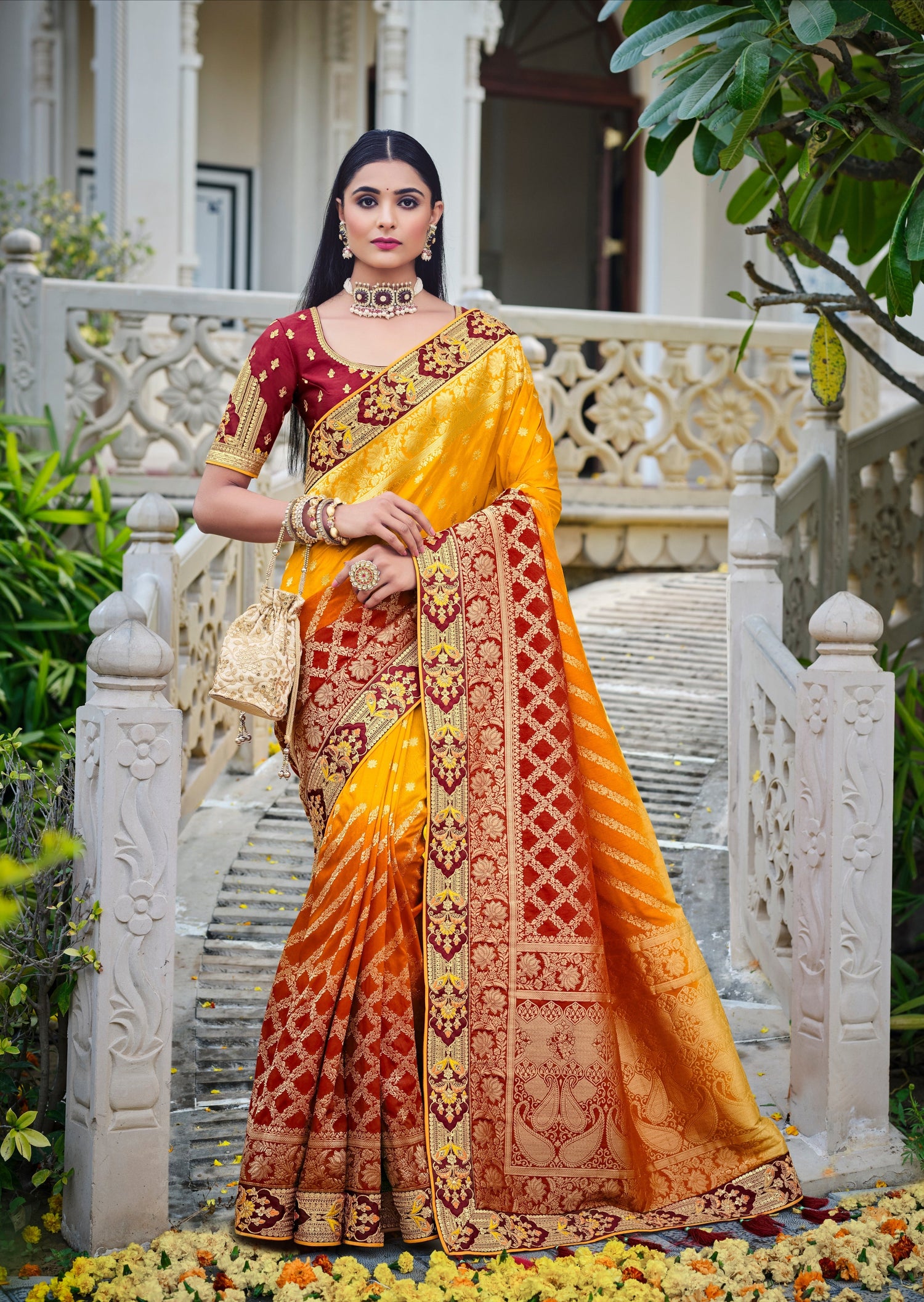 Yellow Semi Tussar Silk Saree With Contrast Bomkai Temple Border – Shivansh  Fab