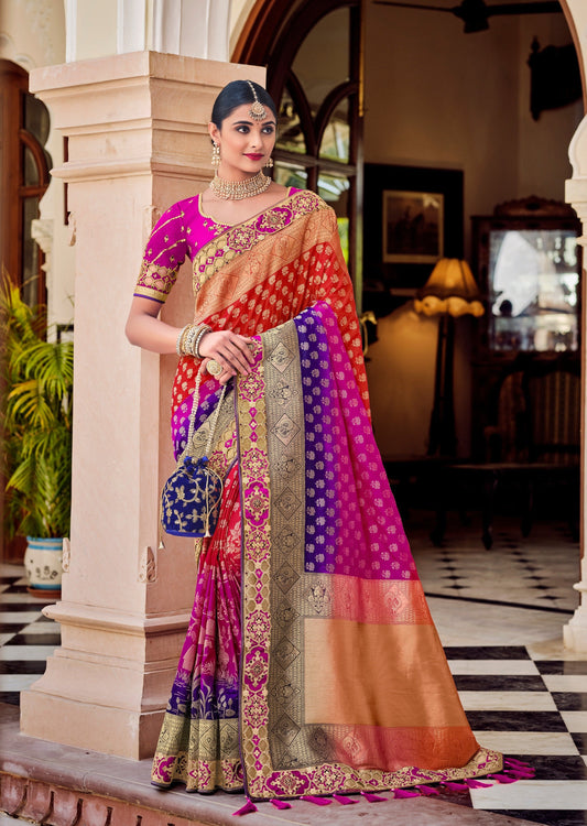 Party Wear Banarasi Silk Multicolor Pink Bridal Zari Saree