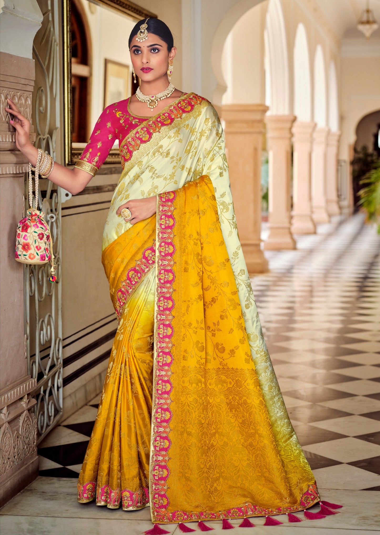 Banarasi Silk Cream Yellow Bridal Saree