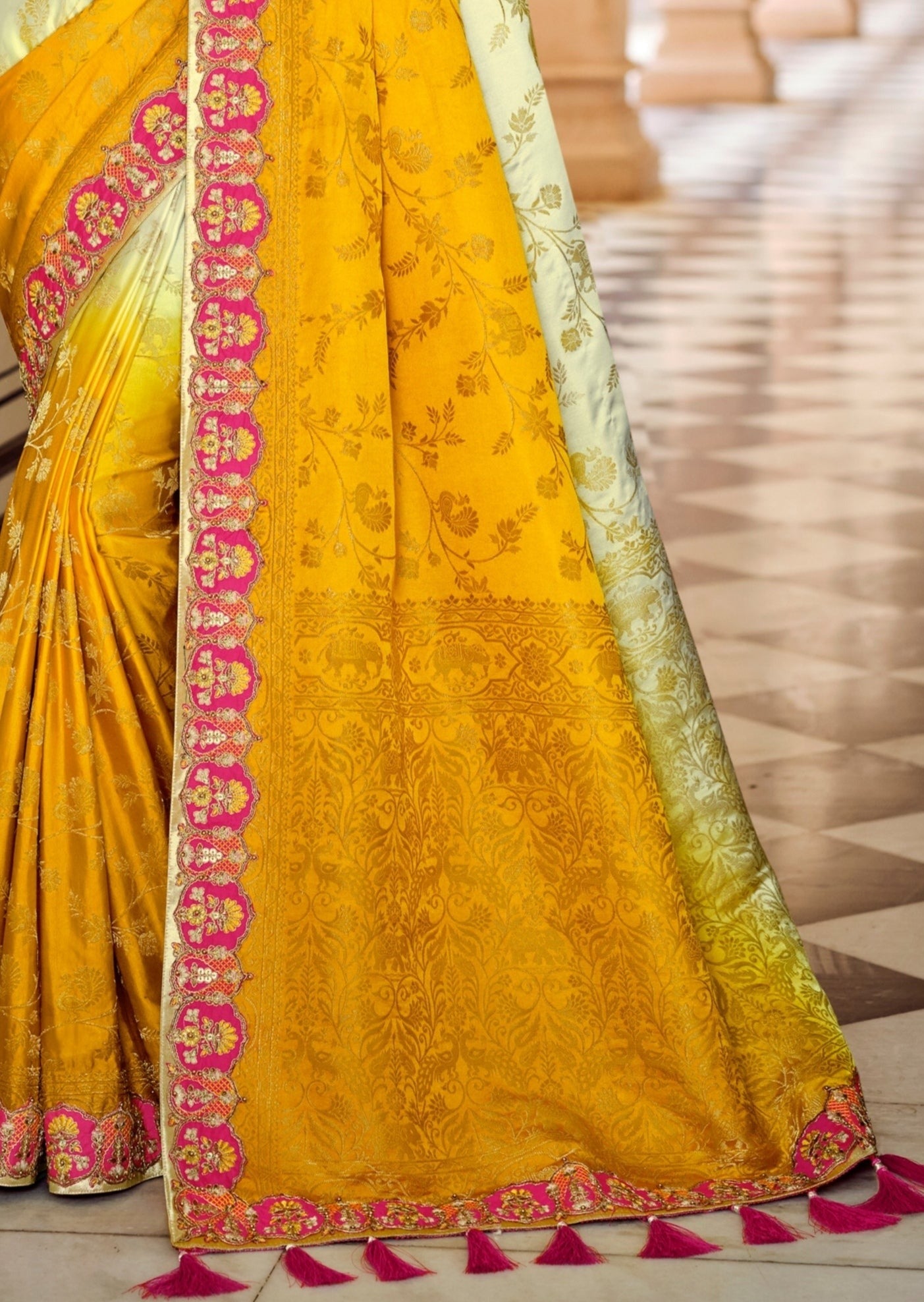 Banarasi Silk Cream Yellow Bridal Saree