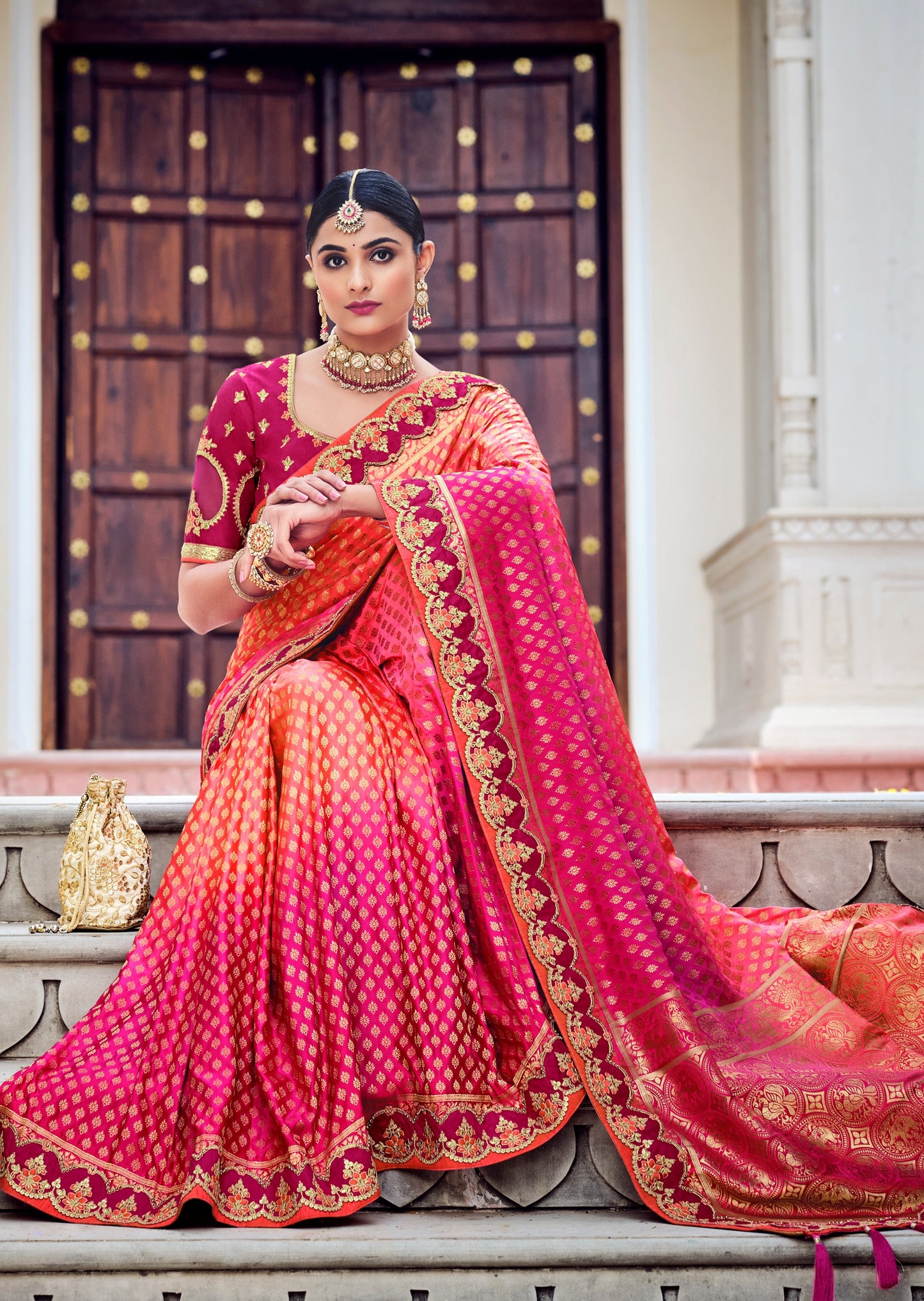 Party Wear Banarasi Silk Ruby Pink Handwork Saree