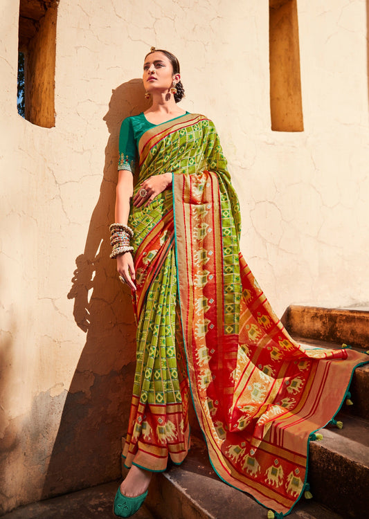 Brasso Silk Lime Green Patola Saree