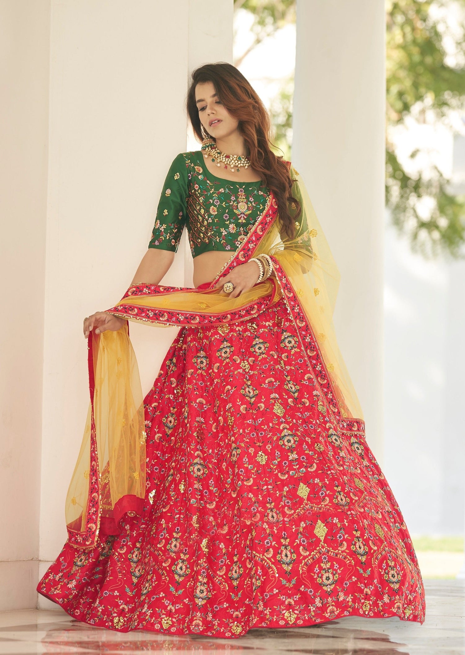 Red lehanga with green blouse | Saree blouse designs, Lehnga designs,  Indian designer outfits
