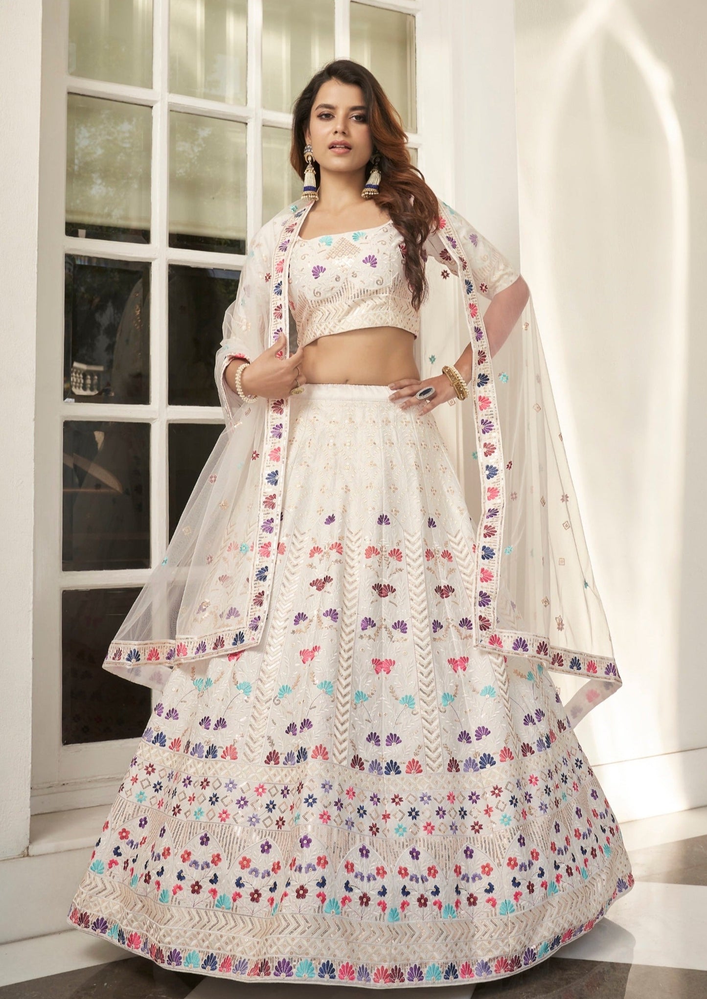 Silk Embroidered White Bridesmaids Lehenga