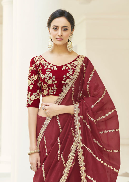 Pure organza red handwork saree