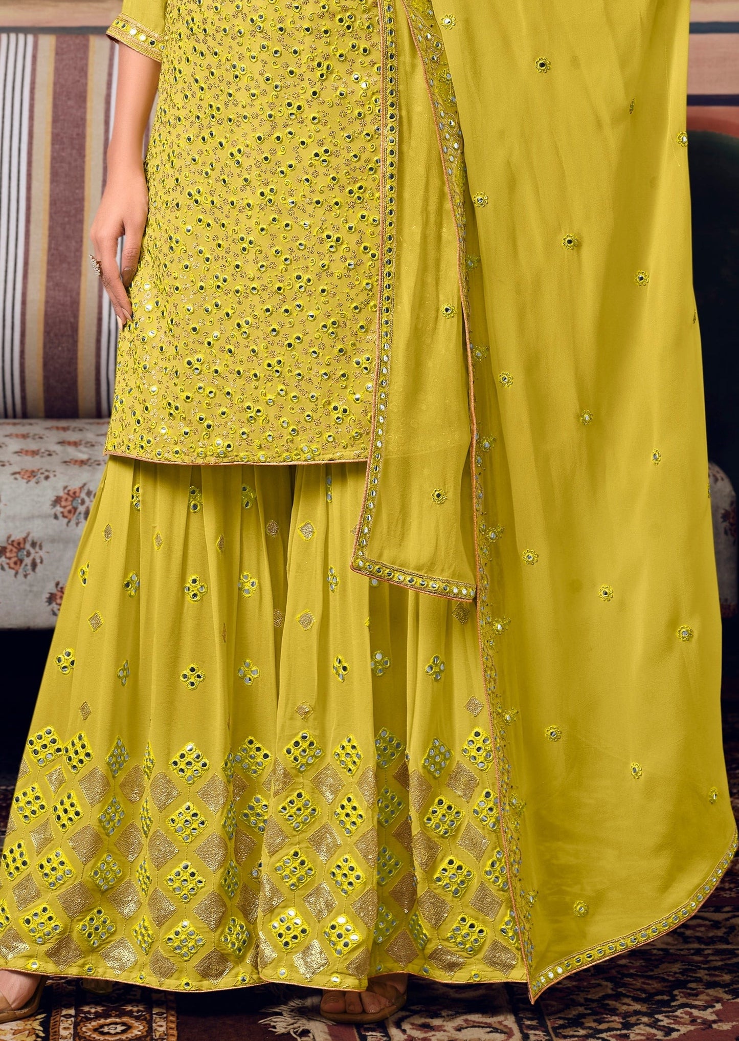 Pure Georgette Lime Yellow Sharara Suit