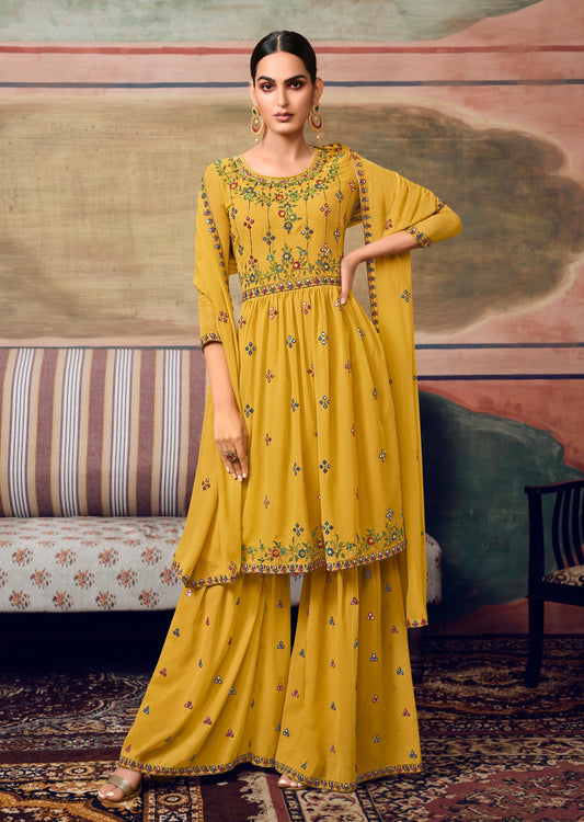 Pure Georgette Mustard Yellow Sharara Suit