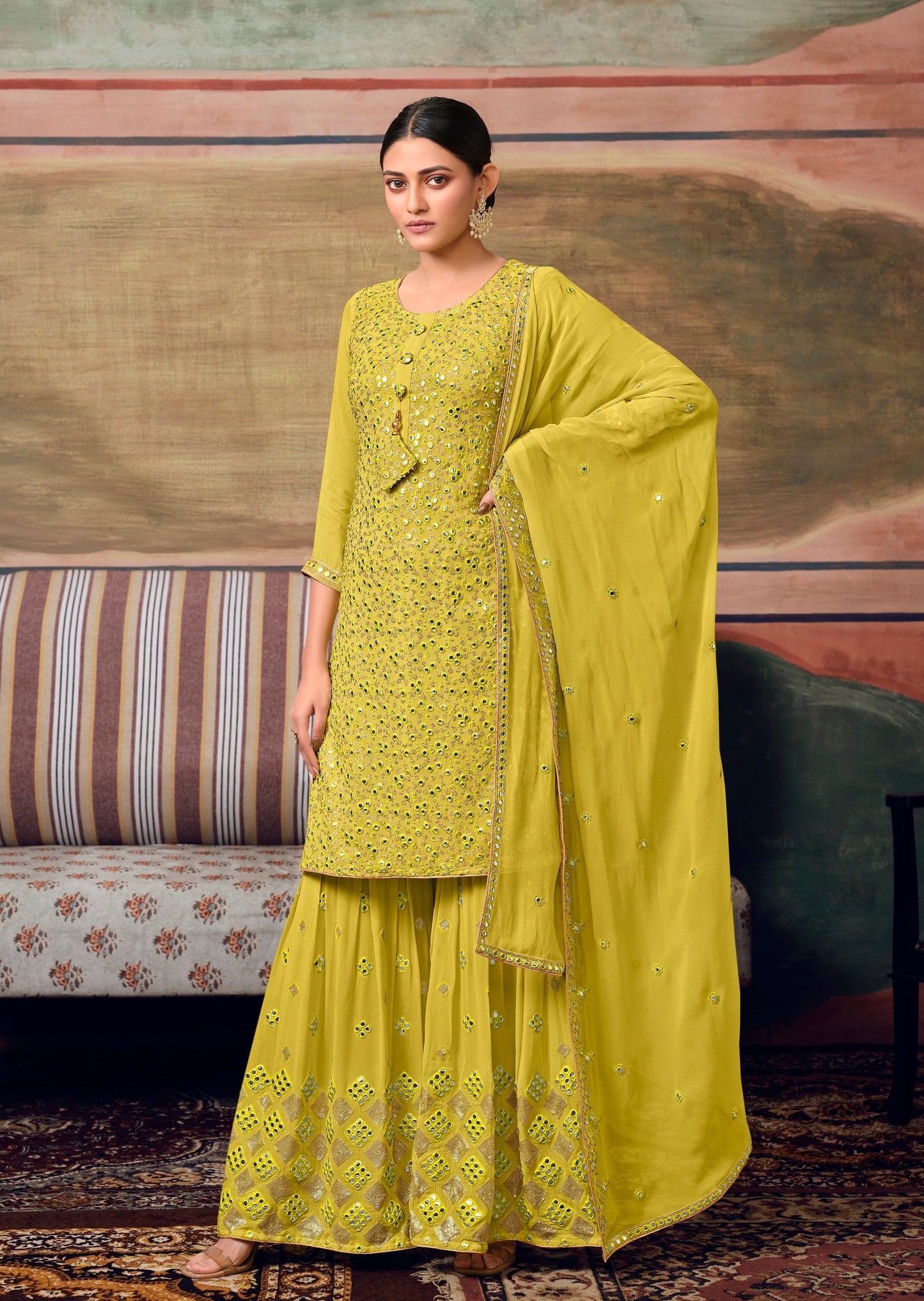 Pure Georgette Lime Yellow Sharara Suit