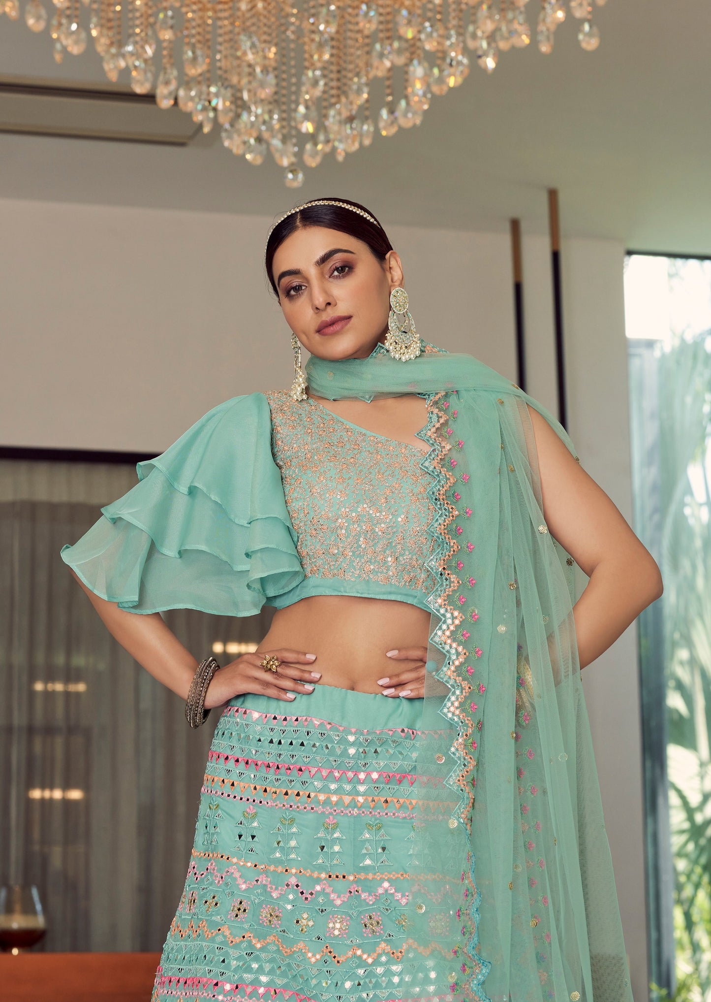 Bridesmaids Sky Blue Organza Lehenga Choli