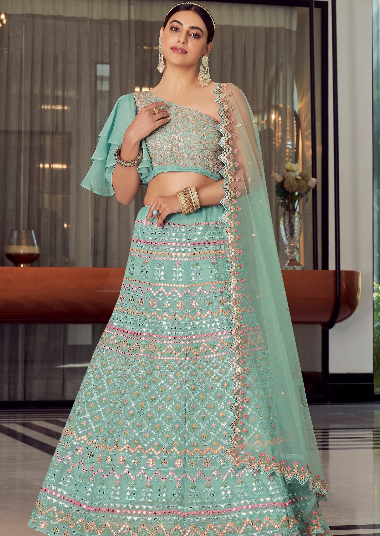 Bridesmaids Sky Blue Organza Lehenga Choli