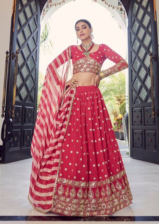 Coral Red Georgette Lehenga Choli