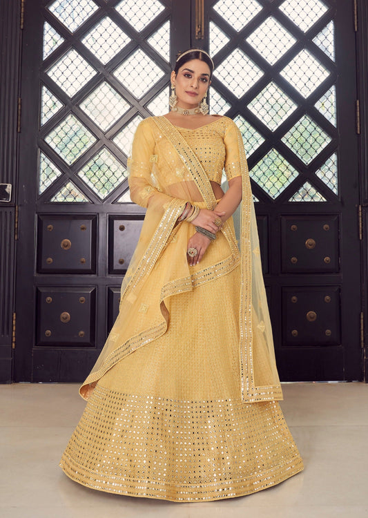 Yellow Mirror Work Georgette Lehenga Choli