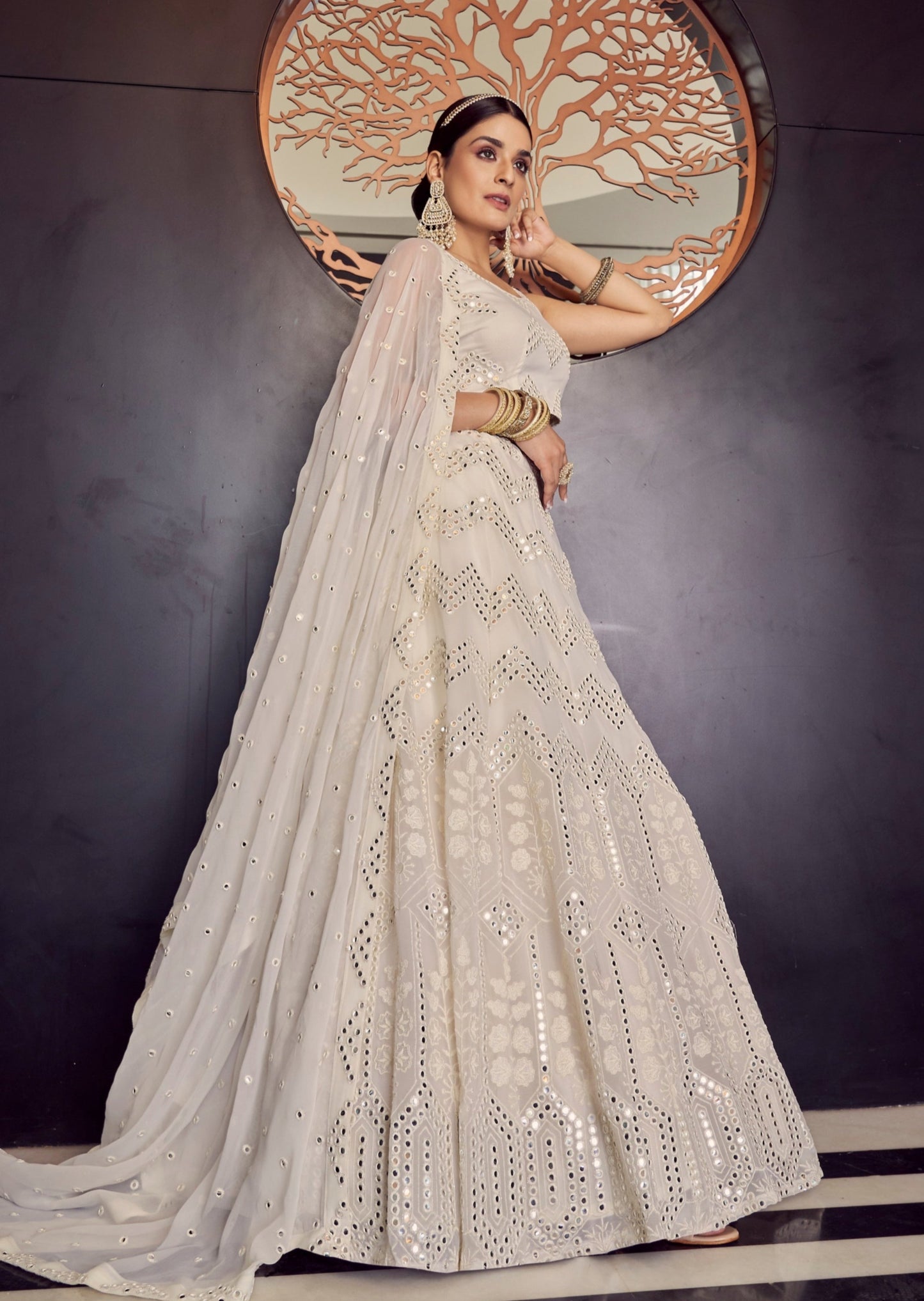 Mirror Work White Georgette Lehenga Choli