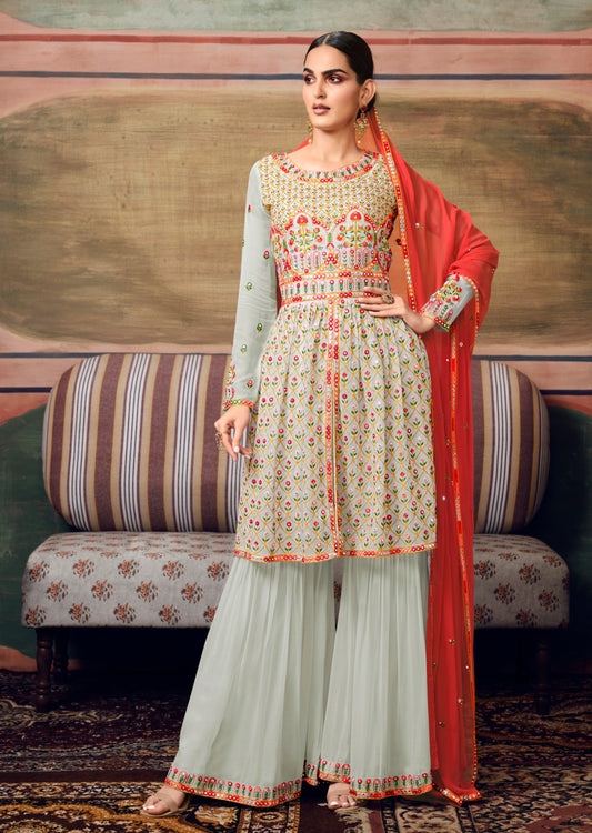 Pure Georgette Cloud Grey Sharara Suit