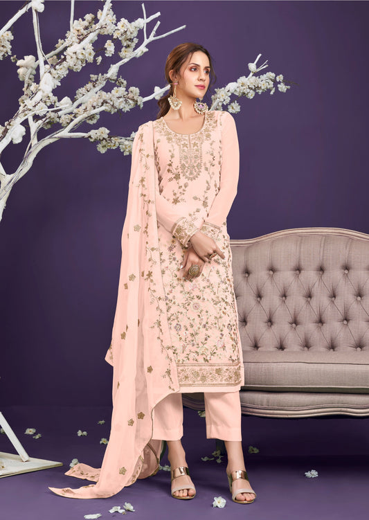 Anaara Georgette Phulkaari Peach Salwar Suit